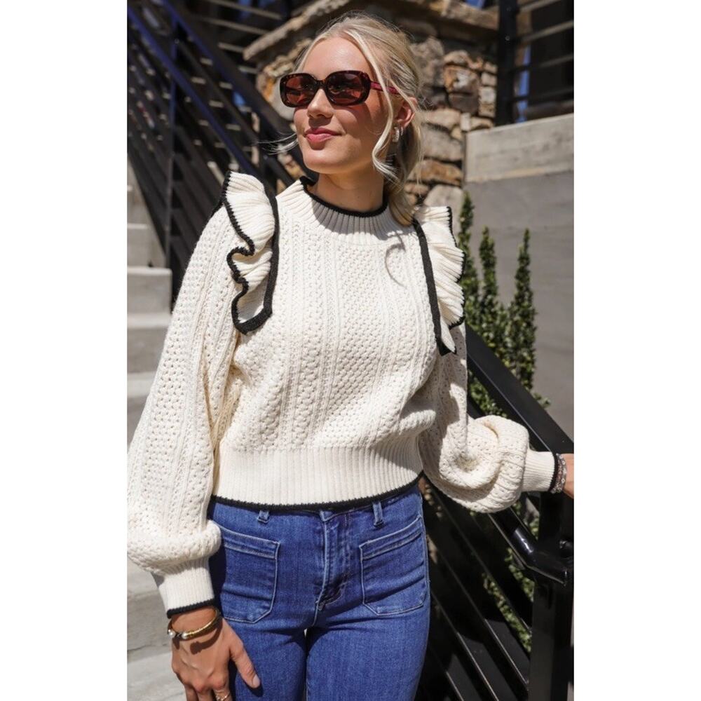 Women’s MABLE Cream / Black Ruffled Sweater Size L *C6 - Picture 5 of 5